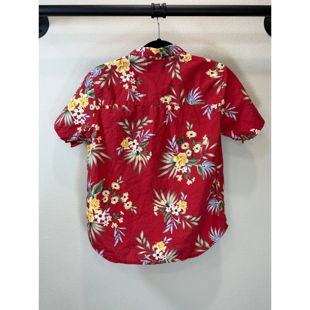 Old Navy Boys Red Floral Hawaiian Shirt Short Sleeve Tropical Button Down